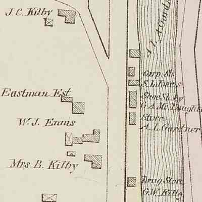 Houses and shops along the Dennys River in the Colby Atlas of 1881: The Drug Store on the bank of the river belonging to D.K. Hobart in 1861 is listed here as belonging to George Kilby, who married Daniel Hobart's niece.  His house, later belonging to Edwin "Ned" Gardner's, is marked on the Colby Atlas map of 1881 at being occupied at the time by W.J. Ennis.