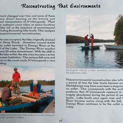 Reconstructing Past Environments at N'tolonapemk: The story of investigating ancient water levels on a page from the pamphlet entitled "N'tolonapemk: An Ancient Native American Village on Meddybemps Lake", published by the University of Maine at Farmington and the Passamaquoddy Tribe.   Used by permission.