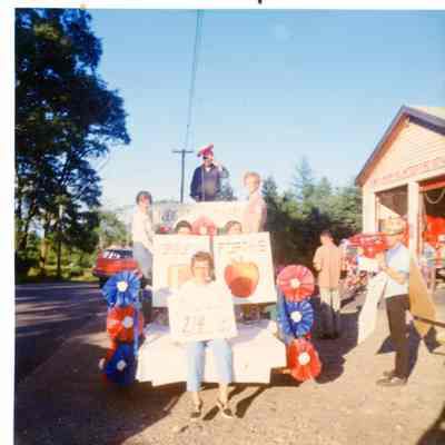 Parade Float at the Dennysville Volunteer Fire Station in the 1960's: On this Weight Watcher's parade float are Jennie Kilby, Marion Farley, June Hallowell and Bertie Jamieson, and several others.