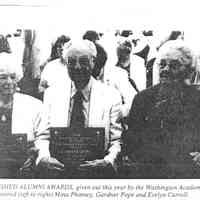          Washington Academy Alumni Awards, 1996.; Mina (Allan) Phinney of Dennysville is pictured with two other distinguished alumni from Washington Academy, Gardner Pope and Evelyn Carrol of Machiasport.  Photocopy from the Quoddy Tides newspaper.
   