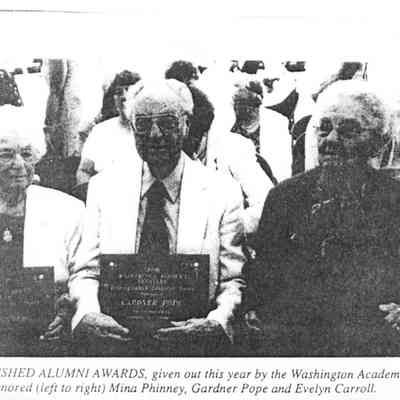 Washington Academy Alumni Awards, 1996.: Mina (Allan) Phinney of Dennysville is pictured with two other distinguished alumni from Washington Academy, Gardner Pope and Evelyn Carrol of Machiasport.  Photocopy from the Quoddy Tides newspaper.