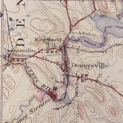 Confluence of the Cathance Stream and Dennys River: Detail of a United States Geodetic Survey of the Eastport quadrant of Eastern Maine in 1945, with the area of archeological investigation marked by Theodore Stoddard in 1949.