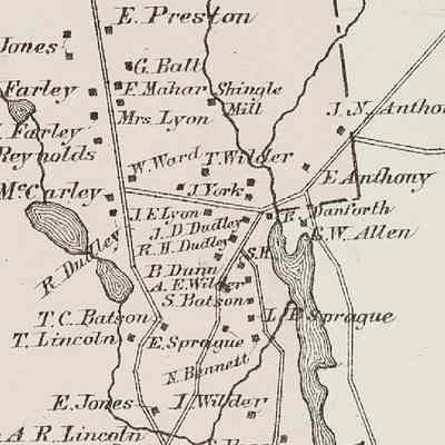 Lower Dennysville, 1881: Detail of the Colby Atlas Map of Washington County showing Lower Dennysville with Wilson Stream and the Hardscrabble River crossing the Old County Road.