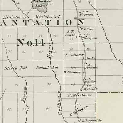 East Ridge Road, Plantation 14, Colby Atlas of 1881: Detail showing the East Ridge Schoolhouse marked S.H. on the East Ridge Road in Plantation 14, now Cathance Township, from the Colby Atlas of Washington County, Maine, published in 1881.