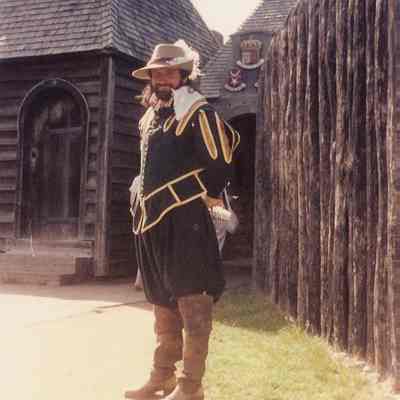 French Soldier Reenactor in 17th cent. French uniform, at Porte Royale Historic Site, Nova Scotia: Image of a costumed interpreter wearing a French uniform of the seventeenth century at the Porte Royale, later Annapolis Royal, Historic Site in Nova Scotia.