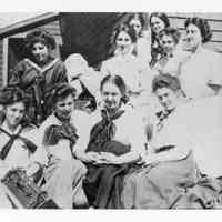          Gathering of young women at the Gardner Farm on Hurley Point, Edmunds, Maine, c. 1916.
   