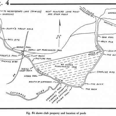 Map of Fishing Pools on the lower Dennys River: Figure 4. Map reproduced with permission from "Salmon on the Dennys 1786-1988", by Ed Bartlett and Ray Robinson.