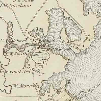 Map of Little Falls in Edmunds, Maine as it appeared in the Colby Atlas of Washington County, Maine, published in 1881.: S.M. marks the location of the tide mill built by Isaac Hobart in 1792, which operated at Little Falls throughout much of the nineteenth century.