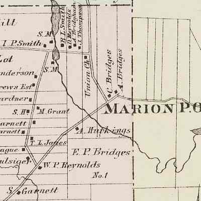 Residents of Marion, Maine in the Colby Atlas of 1881: The D. Reynolds house is one of several located beside Cathance Stream as it crosses the County Road at the top of detail from the Colby Atlas Map of Washington County, published in 1881.