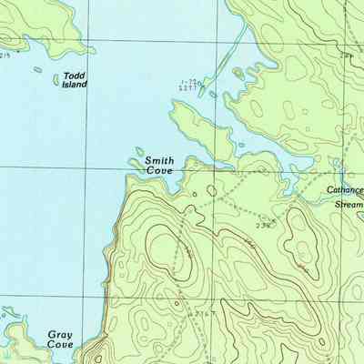 Cathance Lake, 1987: The Cathance Stream flows southeasterly from its source on Cathance Lake, on this U.S.G.S. map from 1987.
