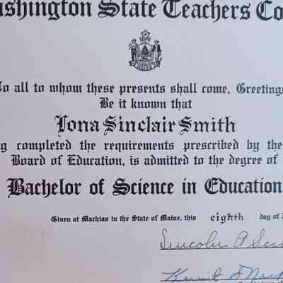 Iona Sinclair Smith's Diploma from Washington State Teachers College