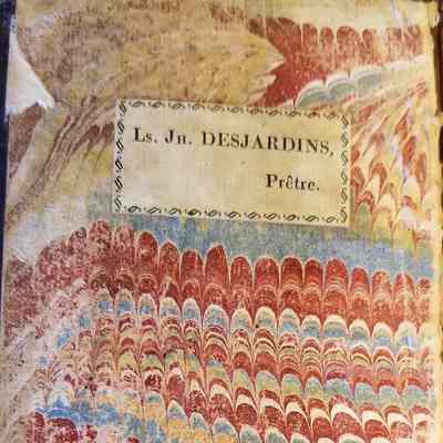 Book Plate, Ls. [Louis] Jn. [Jean] Desjardins, Priest: Inside front cover of Pratique de la Perfection Chretienne, by A. Rodrigues, trans. by Abbe Regnier, Paris, 1742.