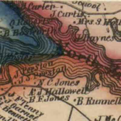 Hinkley Point and Wilson's Stream to Ox Cove, 1861: B. Bosworth's house is located beside the cove that still bears his name on this map of Dennysville fro the Washington County Atlas published by Lee and Marsh in 1861