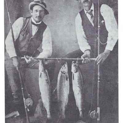 Two anglers, father and son, from Rye, New Hampshire with Dennys River salmon in the early 1900's: Reproduced from "Salmon on the Dennys, 1786-1988" by Ed Bartlett and Ray Robinson.