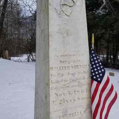 Gravestone of Sergeant William Sheahan in the Dennysville Town Cemetery: William Sheahan's gravestone records his death at the Battle of Rappahannock Station on November 7, 1862, and that of his wife, Cordelia just three weeks earlier on October 8.  Their infant daughter Delia is buried beside them.  On Saturday, January 9, 1864, John D. Allan entered in his diary, "William Sheahan's body was brought home. He is to be buried next Wednesday."