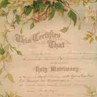          Marriage Certificate of Irving and Florence Kilby, February 11, 1906.; Certificate of Marriage between Irving Kilby and Florence Coggins, who married at the home of the bride's parents in Pembroke, Maine, on the eleventh of February, 1906, by the Reverend Mr. Smith,  witnessed by A.B. Coggins and Mrs. A.B. Coggins. They moved to Dennysville to live in the Theophilus Kilby house on Water Street.
   