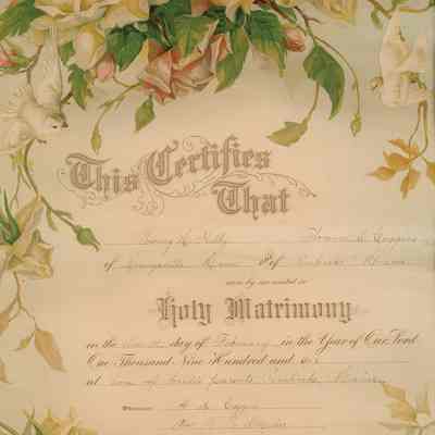 Marriage Certificate of Irving and Florence Kilby, February 11, 1906.: Certificate of Marriage between Irving Kilby and Florence Coggins, who married at the home of the bride's parents in Pembroke, Maine, on the eleventh of February, 1906, by the Reverend Mr. Smith,  witnessed by A.B. Coggins and Mrs. A.B. Coggins. They moved to Dennysville to live in the Theophilus Kilby house on Water Street.