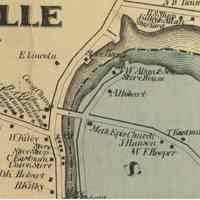          Dennys River Wharves, 1861; T,W. Allan's wharf is shown on the waterfront next to the house of Aaron Hobart, while Thomas Eastman Jr., who later sold his wharf to Peter E. Vose is living on the Preston Road on this detail from the map of Washington County published in 1861.
   