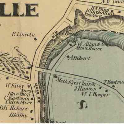 Dennys River Wharves, 1861: T,W. Allan's wharf is shown on the waterfront next to the house of Aaron Hobart, while Thomas Eastman Jr., who later sold his wharf to Peter E. Vose is living on the Preston Road on this detail from the map of Washington County published in 1861.