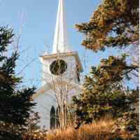          Congregational belfry and steeple in the 1980's; View of the Congregational Meetinghouse from Route 86, after the first restoration of the weathervane in the 1980's.
   