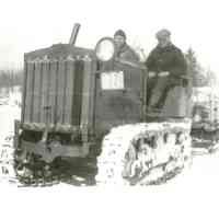          Holt 5-ton tractor, driven by IrvingTyler.; The tractor, driven by Irving Tyler, was used to break the logging roads, which were sprinkled constantly by a water cart.
   