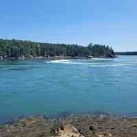          The Reversing Falls seen from Mahar's Point; Water surges through the channel between Mahar's Point and Falls Island in this image of the Reversing Falls, called in Passamaquoddy Kapskuk, meaning 