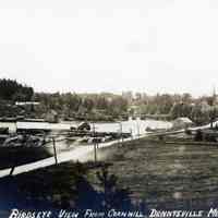          Birdseye view of Dennysville from Corn Hill, c. 1900; The site of the approach of the future U.S. Route 1 bridge over the Dennys River is covered with piles of lumber in front of the Town Wharf.   The Lower bridge is on the right, with the Congregational Church steeple rising over the tree tops beside it.
   