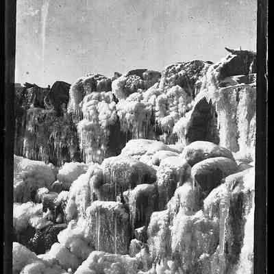 Mill Dam on the Dennys River in winter, by John P. Sheahan: Image of the ice covered Lincoln Mill Dam on the Dennys River in Eastern Maine, taken by Dr. John P. Sheahan of Edmunds, c. 1885