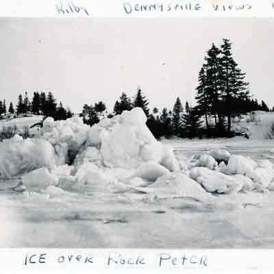 Ice over Rock Peter: Ice caps Rock Peter as the tide falls in the Dennys River estuary,  in this photograph by John P. Sheahan of Edmunds, c. 1885.