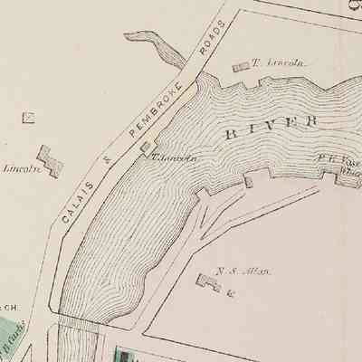 Dennys River Wharves, 1881: Peter E. Vose's wharf is shown on the right of this detail of Dennysville from the Colby Atlas of Washington County published in 1881.