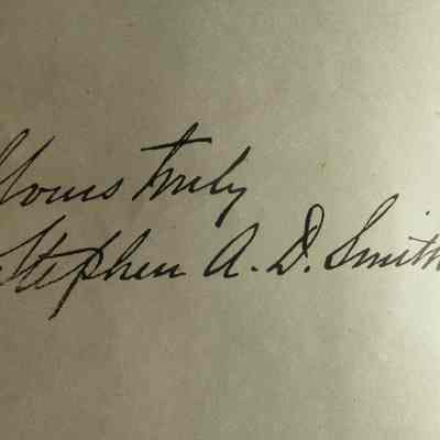 Signature of Stephen A. Douglas Smith.: Pseudonymous autograph of Stephen A. Douglas Smith, in the original collection of the Meddybemps Letters, printed in the Machias Union between 1903 and 1904, published by the 
 editor William R. Pattangal.