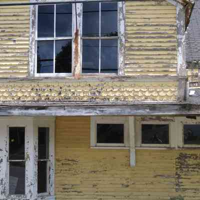 Detail of the last store in Dennysville, c. 2024.: This structure, formerly the Higgins Store, was still standing in Dennysville, Maine, as of 2024, when this photo was taken by DRHS member John Alphonse Clark.