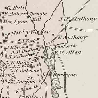 Lower Dennysville in 1881: Several Dudley houses were located near Wilson's Stream where  U.S. Route 1 meets the Crossroad, show on this detail from the Colby Atlas map of Dennysville in 1881.