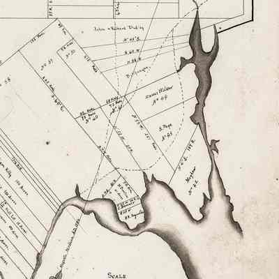 Map of the Dennys River Narrows, c. 1825: Lot map of the village of Dennysville, with Bela R. Reynolds house lot at the Narrows on the Dennys River.