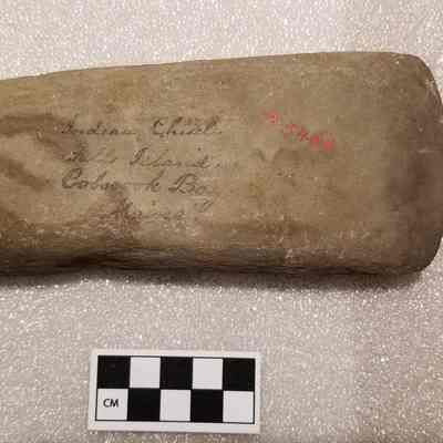 Indian Chisel from the Reversing Falls: A stone chisel found at Falls Island, now in the Benjamin Lincoln Collection at the Peabody Museum of Archeology and Ethnology at Harvard University.  Photograph by Colin Windhorst, used with permission.