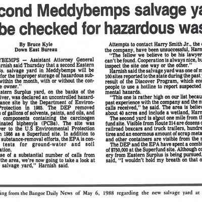Newspaper story on the inspection of the Eastern Surplus Co. Site for hazardous waste, Bangor Daily News, 1988.: Reproduced from "Salmon on the Dennys, 1786-1988" by Ed Bartlett and Ray Robinson.