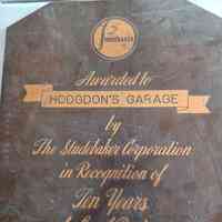          Copper Award Plaque from the Studebaker Corporation to Hodgdon's Garage, Dennysville, Maine
   
