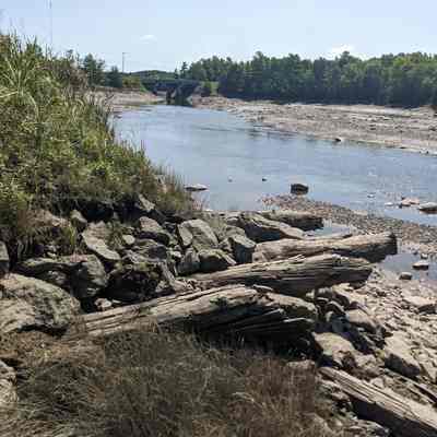 Remains of the Town Wharf on the Dennys River seen at low tide, July 2022.: Bedding logs and fill are all that remain of the original wharf built by the Lincoln's which served as the town wharf until the new U.S. Route 1 bridge bypassed the town in the 1950's.