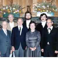          175th Anniversary celebration at the Hinkley Point Clubhouse in 1980.; Participants in a historical play reviewing 175 years of the life the of the Dennysville-Edmunds Congregational Church, included, in the back row (left to right) Harry Lingley, The Reverend Douglas Dinsmore, Randall Plotts, Colin Cruickshank, in front, The Reverend Cedric Brooks, Ned Sheahan, Marion Sheahan, and Deacon Milton Lyons.  Following a service of Thanksgiving at the Meetinghouse, a reception followed at the Clubhouse on Hinkley Point.
   