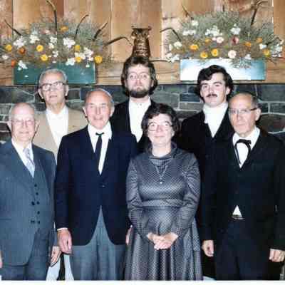 175th Anniversary celebration at the Hinkley Point Clubhouse in 1980.: Participants in a historical play reviewing 175 years of the life the of the Dennysville-Edmunds Congregational Church, included, in the back row (left to right) Harry Lingley, The Reverend Douglas Dinsmore, Randall Plotts, Colin Cruickshank, in front, The Reverend Cedric Brooks, Ned Sheahan, Marion Sheahan, and Deacon Milton Lyons.  Following a service of Thanksgiving at the Meetinghouse, a reception followed at the Clubhouse on Hinkley Point.