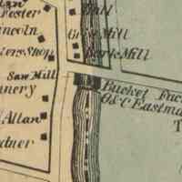          Bucket Factory below the Mill Dam on the map of Dennysville Village in 1861; Detail of Dennysville Village from the Topographical Map of the County of Washington, Maine, published by Lee and Marsh, New York,1861.  The bucket factory is located on the Edmunds side of the Dennys River, listed in the business directory under the name of G. and C. Eastman, manufacturer's of pails and churns
   