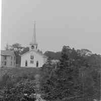          Dennysville Town School to the left of the Congregational Church building on Meetinghouse Hill, c. 1900
   