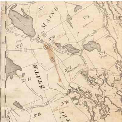 B.R. Jones Map of Passamaquoddy, 1824: Detail of Benjamin R. Jones' map and chart of "Bays, Harbours, Post Roads and Settlements in Passamaquoddy and Machias" showing the Dennys River from its source in Meddybemps Lake to the village of Dennysville and Cobscook Bay.  The map was first published in 1810, and revised and republished in 1824