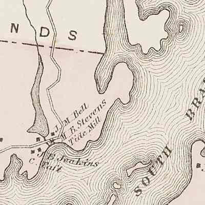 Map of the Tide Mill and houses in Trescott, later part of South Edmunds, 1881.: Detail from the Washington County Atlas published 1881. Pages 44 & 45: Trescott, Lubec, Pembroke & Perry.