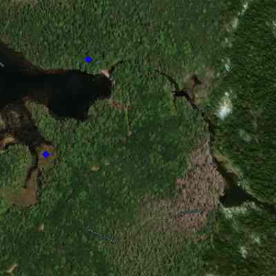 Cathance Stream, Google Earth, 2023: Cathance Stream and the Cathance Lake dam sites, marked by blue diamonds near their source on Cathance Lake, from a Google Earth mapping image, 2023.