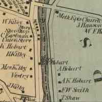          Shops and Stores and houses along the Dennys River in 1861; The D.K. Hobart house is located downstream and across the road from D.K. Hobart's drugstore in the 1861 map of Dennysville Village from the Lee and Marsh Atlas of Washington County, Maine.
   