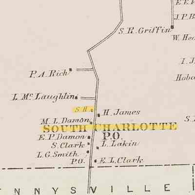 South Charlotte School House and Post Office in 1881: Detail of South Charlotte district on the Smith Ridge Road town of Charlotte from the Colby Atlas Map of 1881