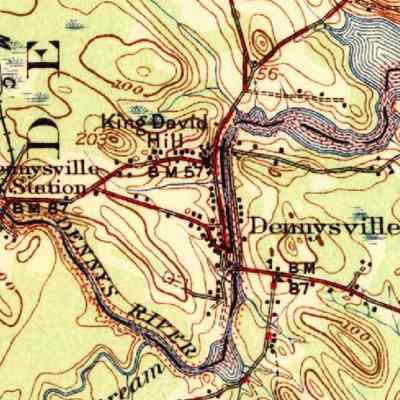 Dennysville Village in 1945: Houses cluster along King Street in Dennysville on the shoulder of King David's Hill in this detail from the U.S.G.S. topographical map from 1945.