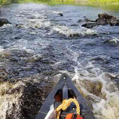 Haystacks at Little Falls on the Dennys River: View of the "haystacks" from the bow of a canoe at the Lower end o Little Falls on the Dennys River, in eastern Washington County, Maine.  See the attached video for a ride through this famous Class III white water on the Dennys River.