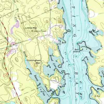 Cobscook Bay State Park in Edmunds, Maine: The recreational area of the Moosehorn National Wildlife Refuge, which became Cobscook State Park,  is delineated by the broken dotted line and the red and white boundary of U.S. Route 1 on this U.S.G.S. topographical map of 1949, enclosing an area of over 800 acres.